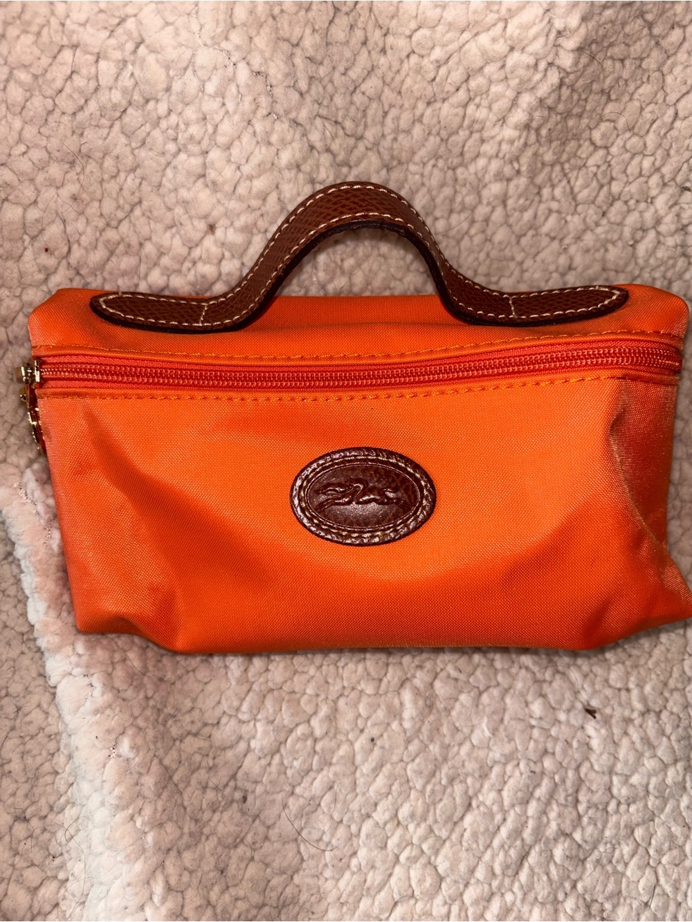Longchamp Le Pliage Orange Nylon Cosmetic Travel Pouch Leather Handle